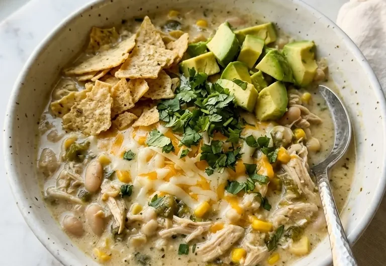 Bowl of creamy white chicken chili topped with avocado cilantro and cheese on white marble surface