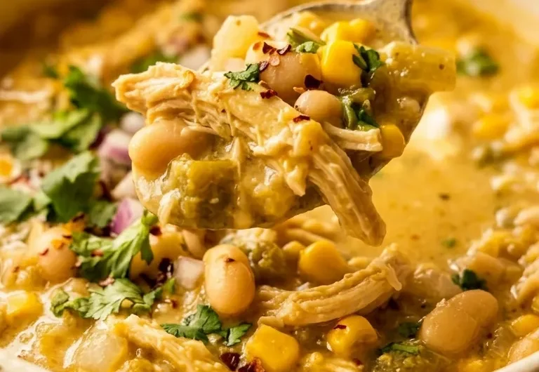 Extreme close-up vertical shot of a spoonful of creamy white chicken chili showing thick texture with chicken beans and corn