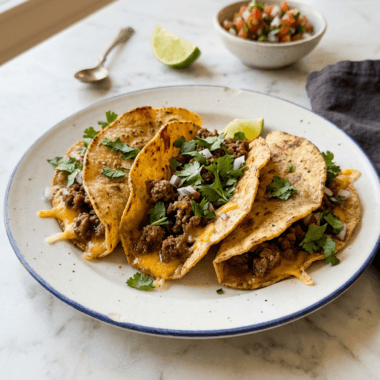 Golden crispy ground beef tacos with melted mozzarella cheese