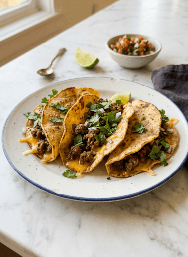 Golden crispy ground beef tacos with melted mozzarella cheese