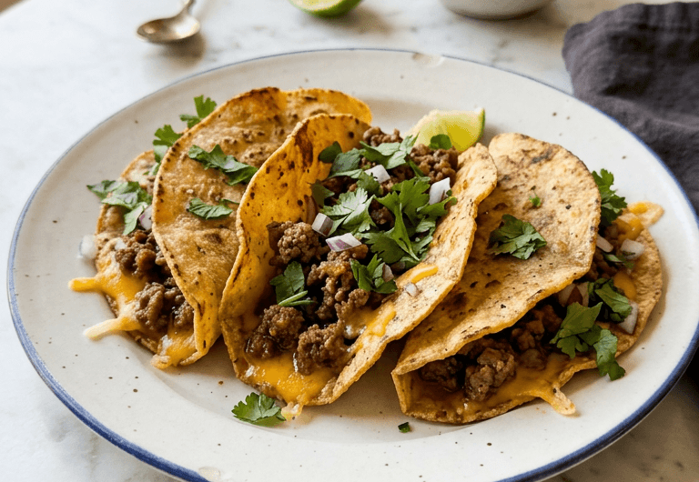 Golden crispy ground beef tacos with melted mozzarella cheese