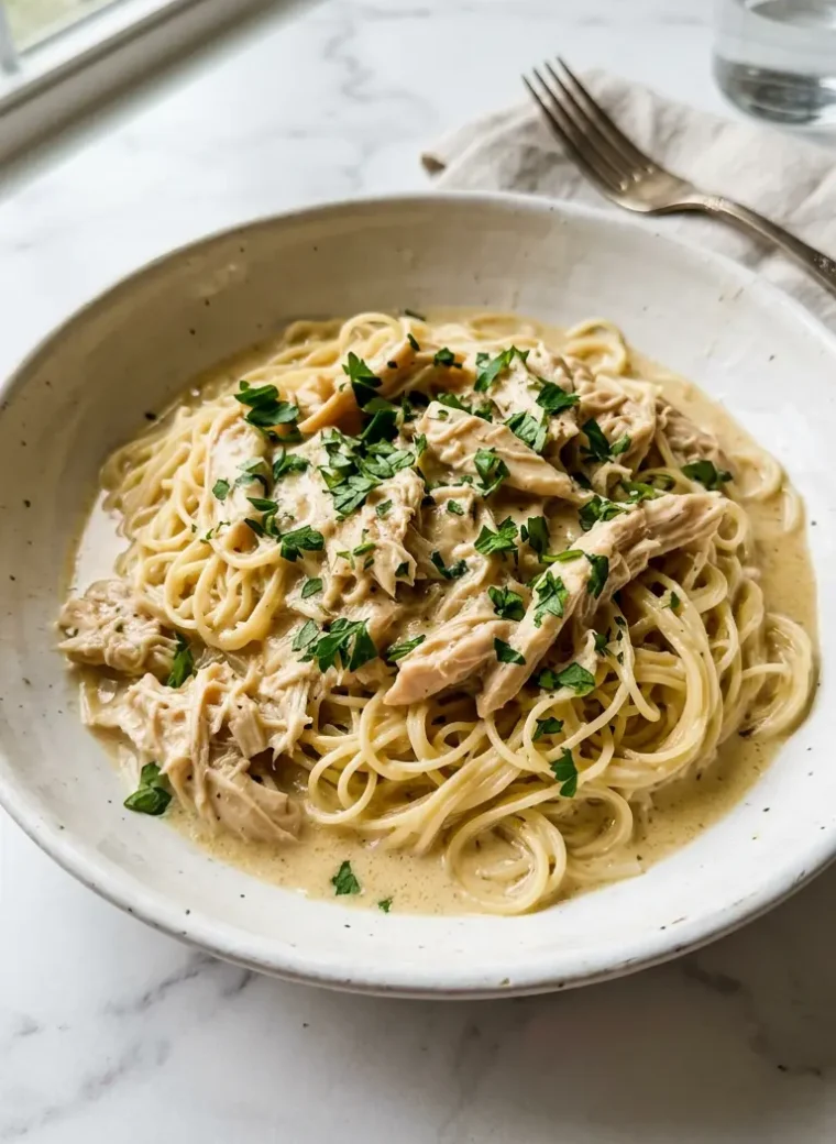 Crock Pot Angel Chicken served over angel hair pasta in a white ceramic bowl with creamy golden sauce and fresh parsley