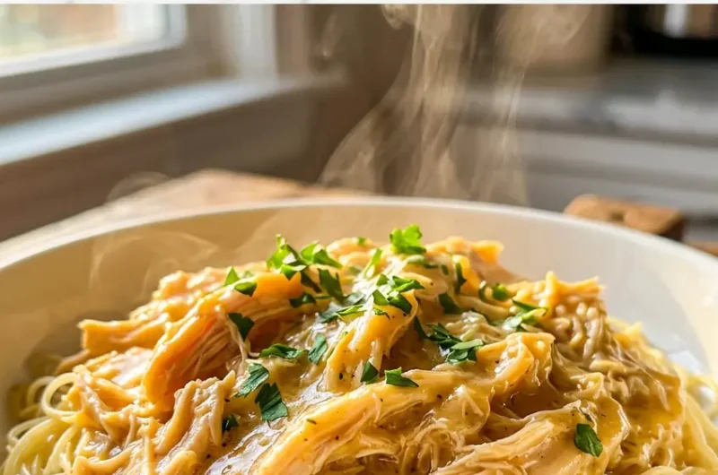 Pinterest pin image for Crock Pot Angel Chicken recipe showing creamy chicken over angel hair pasta