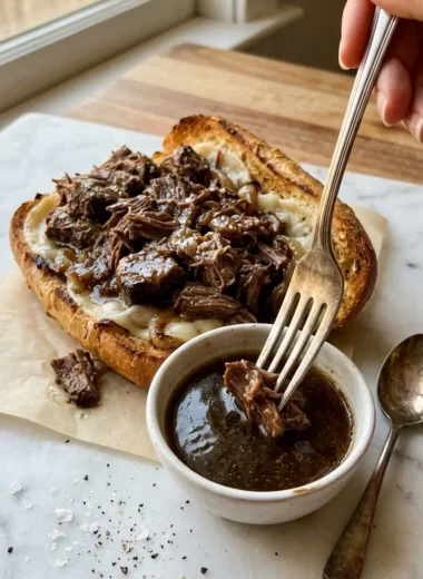 Crockpot French dip sandwich with au jus dipping sauce