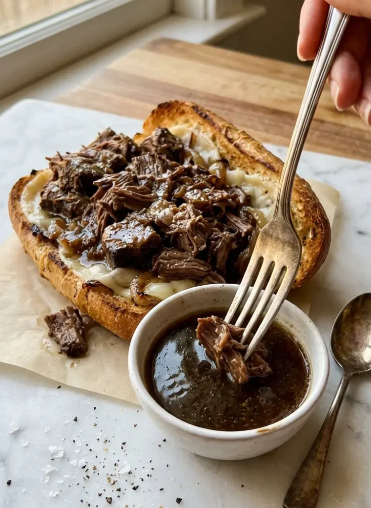 Crockpot French dip sandwich with au jus dipping sauce