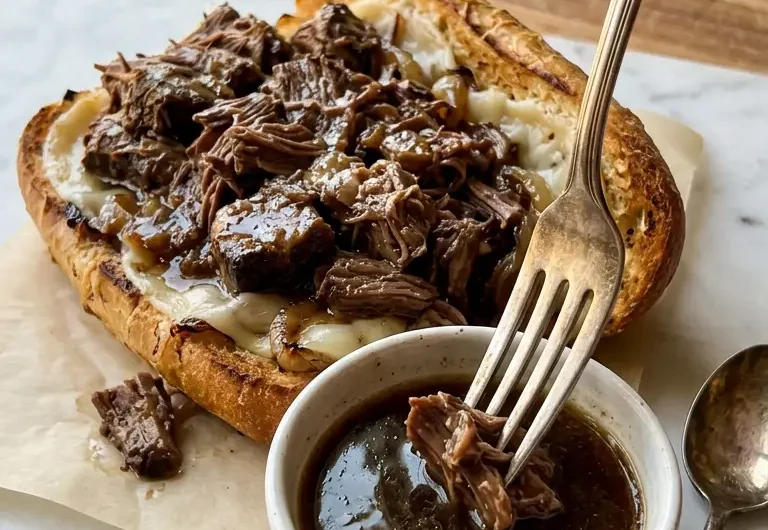 Crockpot French dip sandwich with au jus dipping sauce