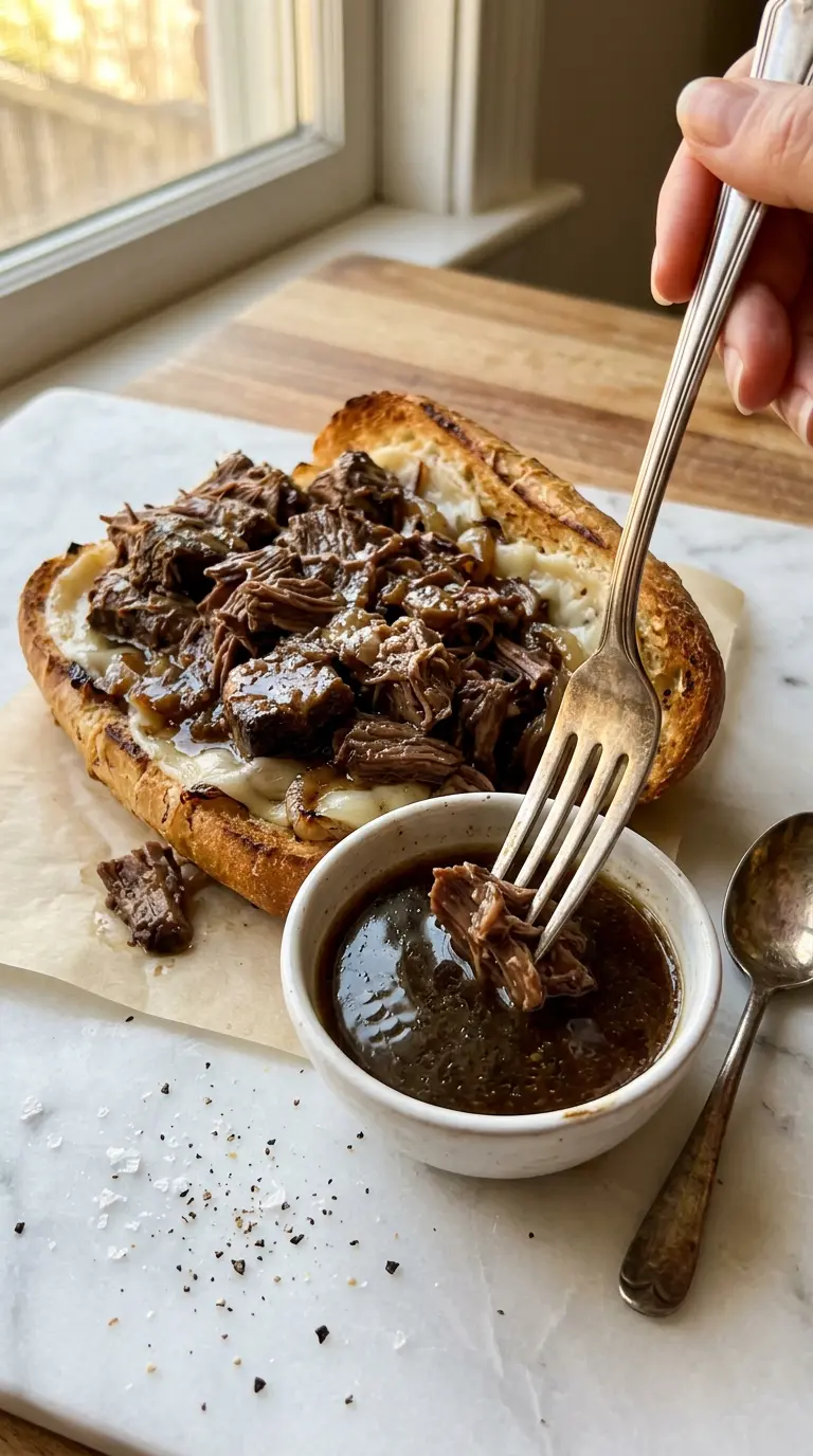 Crockpot French dip sandwich with au jus dipping sauce