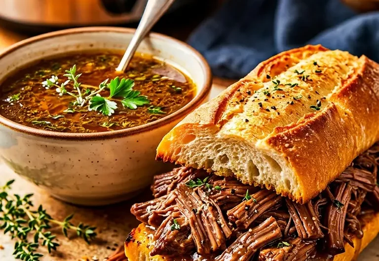 Pinterest pin for easy crockpot French dip sandwiches recipe