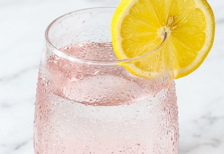 Glass of pink salt fasting drink with lemon and Himalayan salt crystals on white marble