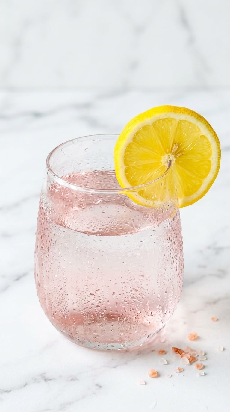 Glass of pink salt fasting drink with lemon and Himalayan salt crystals on white marble