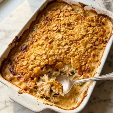 Golden buttery cracker topping on creamy Dolly Parton's 5-ingredient chicken casserole