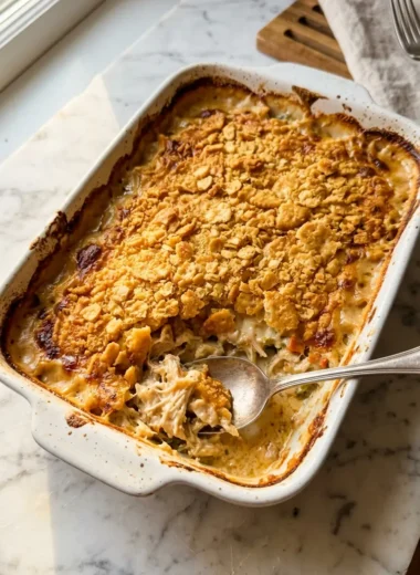 Golden buttery cracker topping on creamy Dolly Parton's 5-ingredient chicken casserole