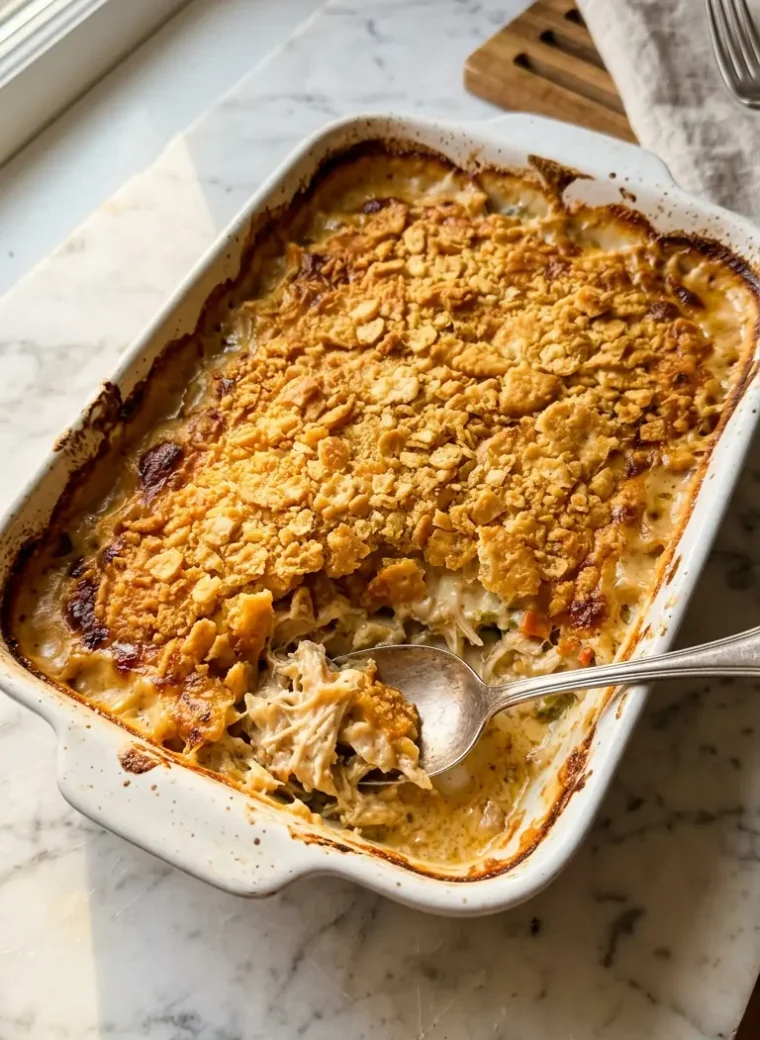 Golden buttery cracker topping on creamy Dolly Parton's 5-ingredient chicken casserole