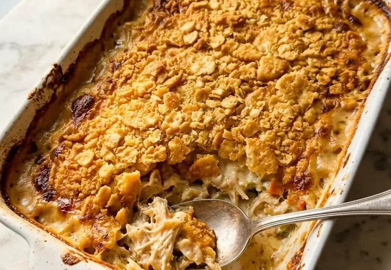 Golden buttery cracker topping on creamy Dolly Parton's 5-ingredient chicken casserole