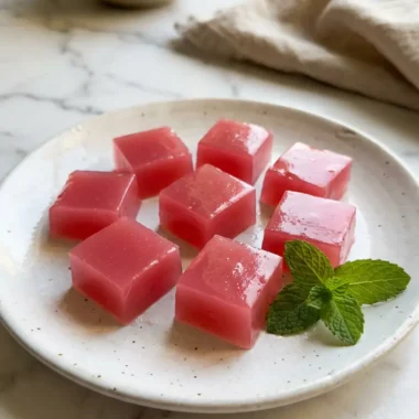 Silky pink gelatin squares made from the Dr Oz pink gelatin recipe served on a white plate with fresh mint