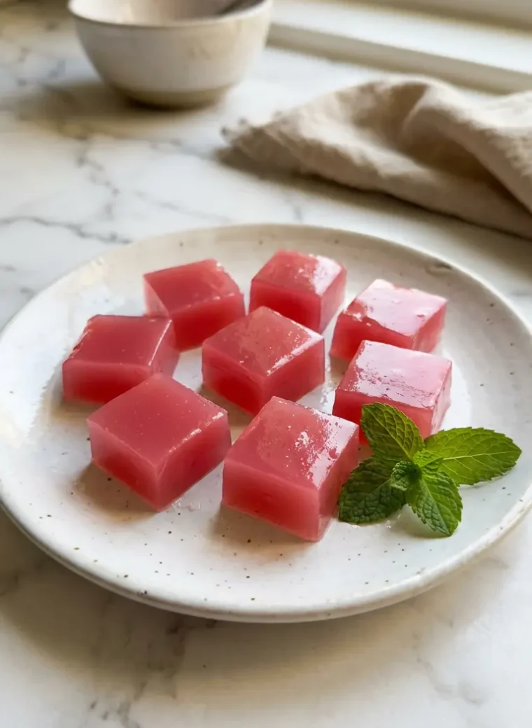 Silky pink gelatin squares made from the Dr Oz pink gelatin recipe served on a white plate with fresh mint