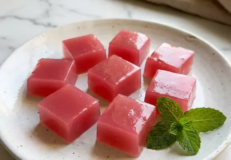 Silky pink gelatin squares made from the Dr Oz pink gelatin recipe served on a white plate with fresh mint