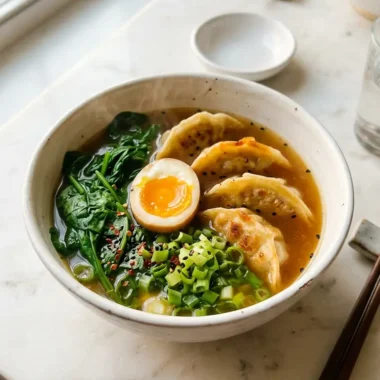 Close-up overhead of dumpling ramen bowl with soft-boiled eggs and fresh spinach in steaming broth