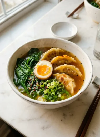 Close-up overhead of dumpling ramen bowl with soft-boiled eggs and fresh spinach in steaming broth
