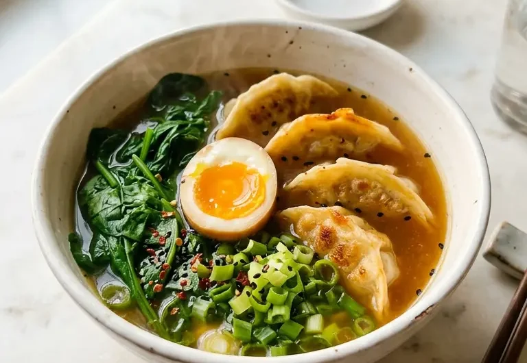 Close-up overhead of dumpling ramen bowl with soft-boiled eggs and fresh spinach in steaming broth