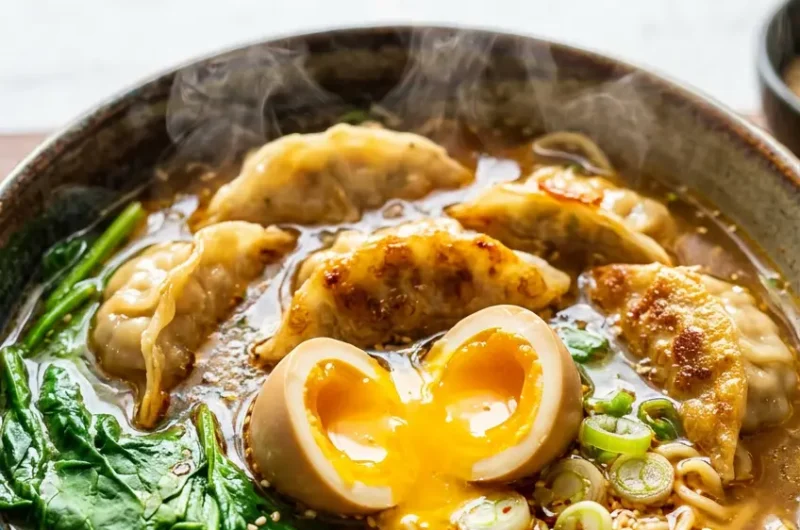 Pinterest pin image for dumpling ramen bowl recipe