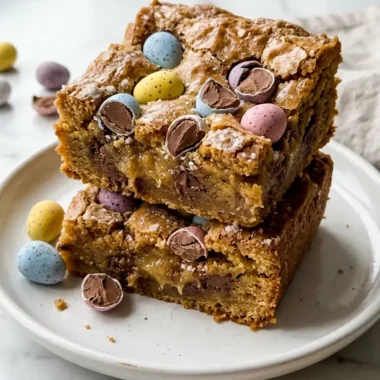 Stack of two fudgy Easter Cadbury Mini Egg Blondies on a white plate with pastel candy eggs on top