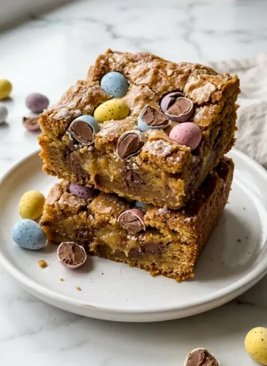 Stack of two fudgy Easter Cadbury Mini Egg Blondies on a white plate with pastel candy eggs on top