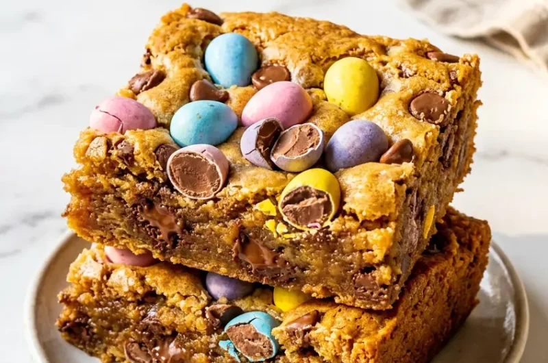 Pinterest pin image for Easter Cadbury Mini Egg Blondies showing fudgy golden squares with pastel candy eggs