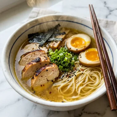 Bowl of easy chicken ramen with egg, chicken, and noodles in golden broth