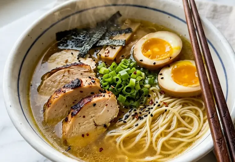 Bowl of easy chicken ramen with egg, chicken, and noodles in golden broth
