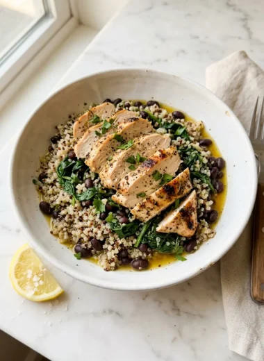 Easy clean high-protein meal with baked chicken, quinoa, spinach, and black beans