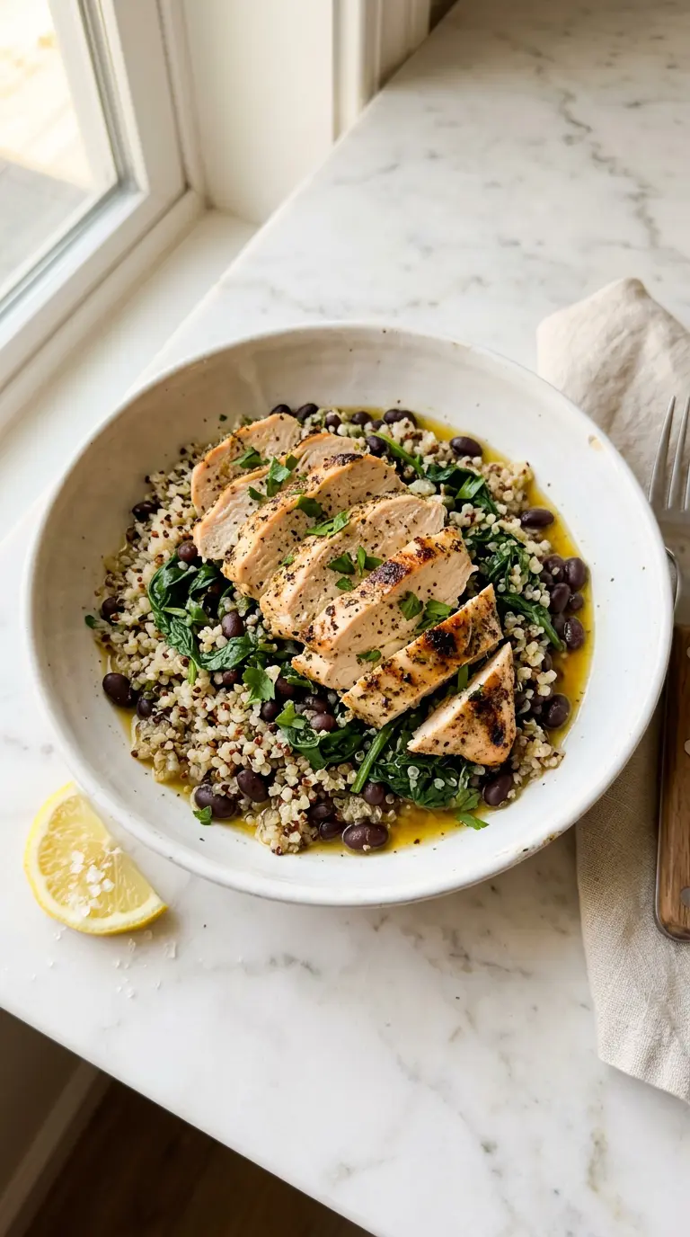 Easy clean high-protein meal with baked chicken, quinoa, spinach, and black beans