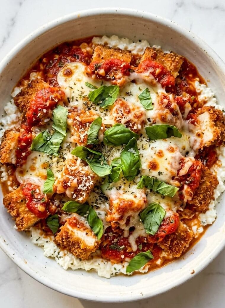 Extreme close up of a bubbling cottage cheese chicken parm bowl with stretchy mozzarella cheese.