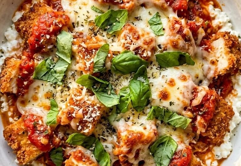 Extreme close up of a bubbling cottage cheese chicken parm bowl with stretchy mozzarella cheese.