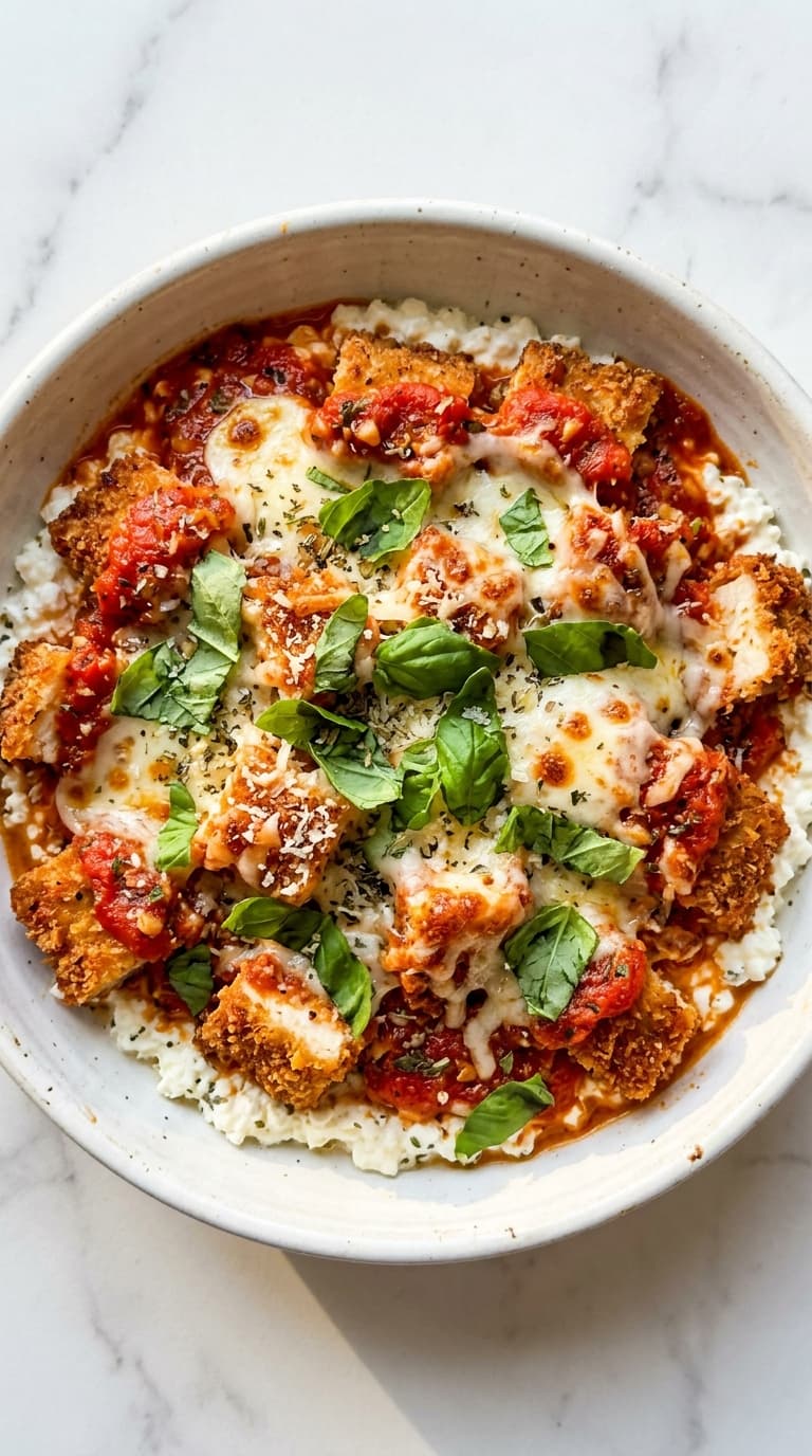 Extreme close up of a bubbling cottage cheese chicken parm bowl with stretchy mozzarella cheese.