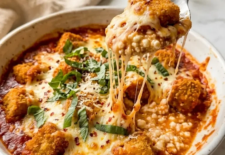 Close-up of a hot cottage cheese chicken parm bowl with melted mozzarella and crispy chicken pieces on white marble.