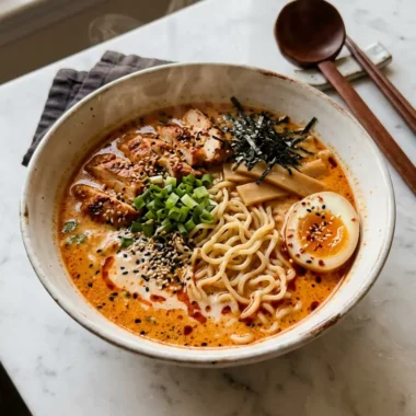 Bowl of fiery chicken ramen with creamy garlic sauce and sesame seeds