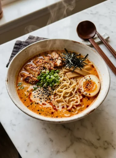 Bowl of fiery chicken ramen with creamy garlic sauce and sesame seeds