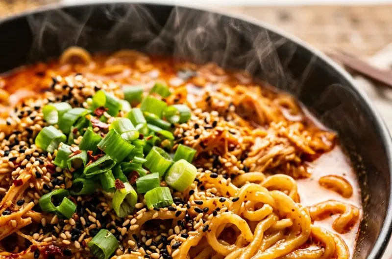 Pinterest pin image for fiery chicken ramen recipe