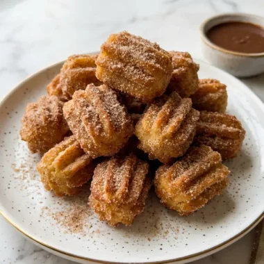 Golden fluffy air fryer churro bites dusted with cinnamon sugar on a white plate