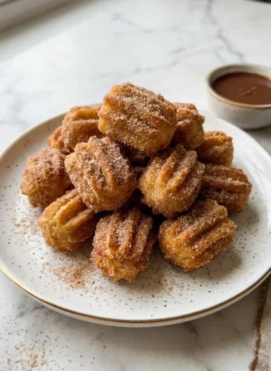 Golden fluffy air fryer churro bites dusted with cinnamon sugar on a white plate