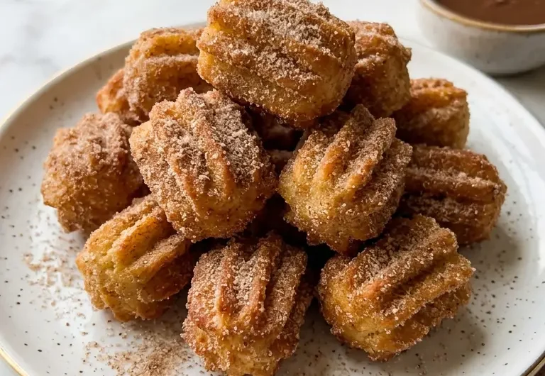 Golden fluffy air fryer churro bites dusted with cinnamon sugar on a white plate