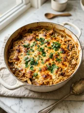 French Onion Chicken Orzo Casserole