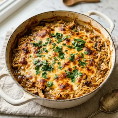 French Onion Chicken Orzo Casserole in a white Dutch oven with golden bubbly Gruyere cheese topping