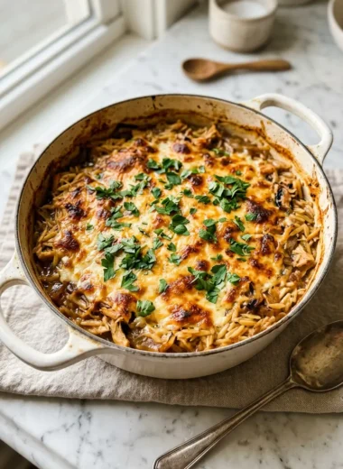 French Onion Chicken Orzo Casserole in a white Dutch oven with golden bubbly Gruyere cheese topping