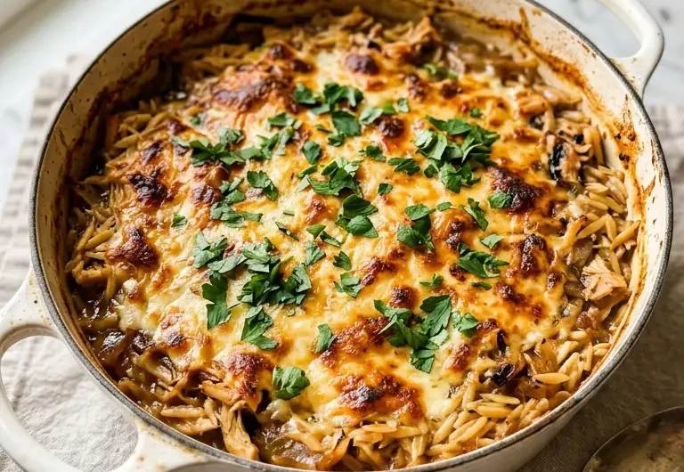 French Onion Chicken Orzo Casserole in a white Dutch oven with golden bubbly Gruyere cheese topping