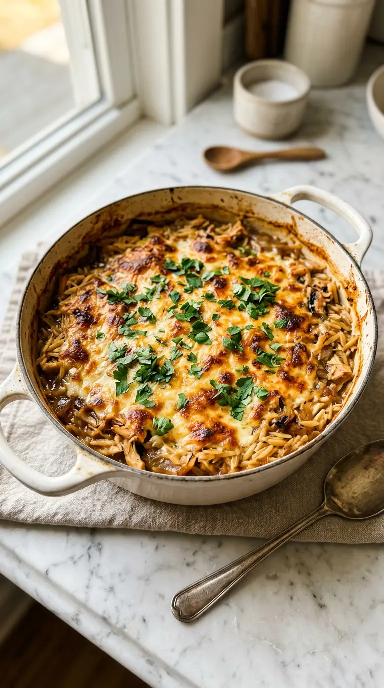 French Onion Chicken Orzo Casserole in a white Dutch oven with golden bubbly Gruyere cheese topping