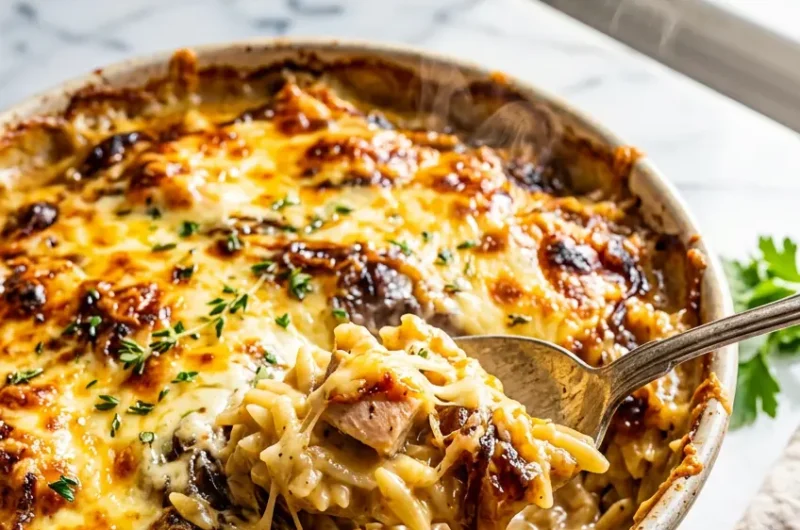 Pinterest pin image for French Onion Chicken Orzo Casserole with golden cheese topping