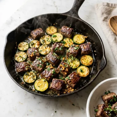 Garlic butter steak bites with zucchini in a cast iron skillet, glistening with butter and fresh garlic