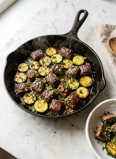 Garlic butter steak bites with zucchini in a cast iron skillet, glistening with butter and fresh garlic